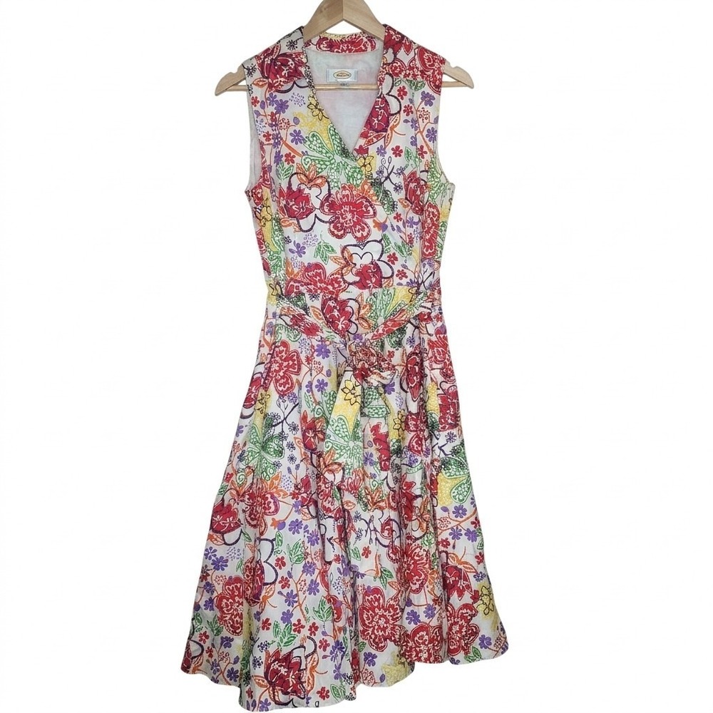 Talbots Floral Fit and Flare‎ Midi Dress Size 12 Belted 100% Cotton Sleeveless